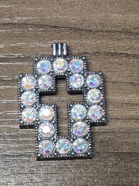 Iridescent Rhinestone Cross Pendant in Silver-Tone